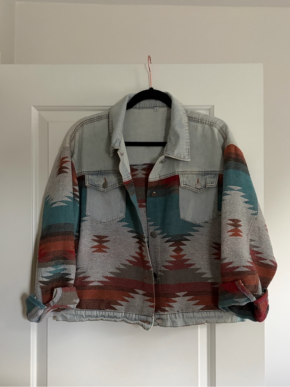 Aztec-Pattern Denim Jacket in Teal & Rust